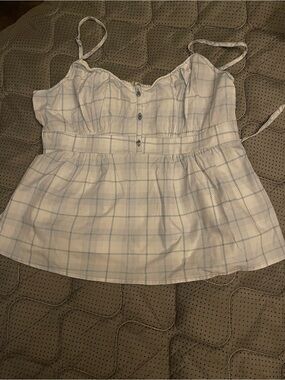 Derek Heart White and Light Blue Plaid Spaghetti Strap Peplum Top